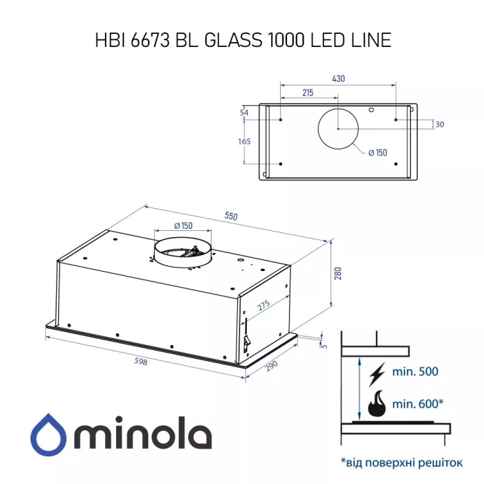 Витяжка MINOLA HBI6673 BL GLASS 1000LED Line купити у Київі, Харкові, Дніпрі, Одесі, Запоріжжі, Львові магазин TopTv