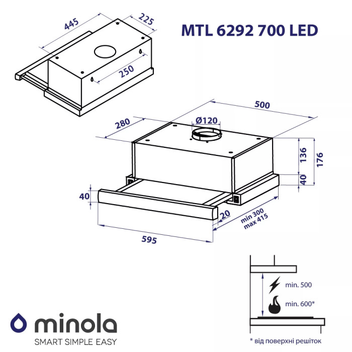 Витяжка MINOLA MTL 6292 WH 700 LED купити у Київі, Харкові, Дніпрі, Одесі, Запоріжжі, Львові магазин TopTv