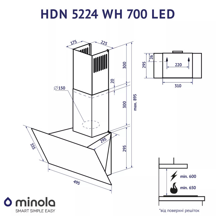 Витяжка MINOLA HDN 5224 WH 700 LED купити у Київі, Харкові, Дніпрі, Одесі, Запоріжжі, Львові магазин TopTv