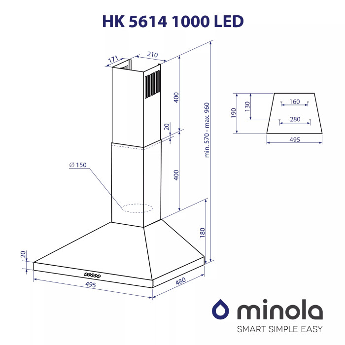Витяжка MINOLA HK 5614 BL 1000 LED купити у Київі, Харкові, Дніпрі, Одесі, Запоріжжі, Львові магазин TopTv